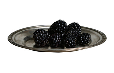 Blackberries on vintage pewter plate, moody still life © Diana Vyshniakova