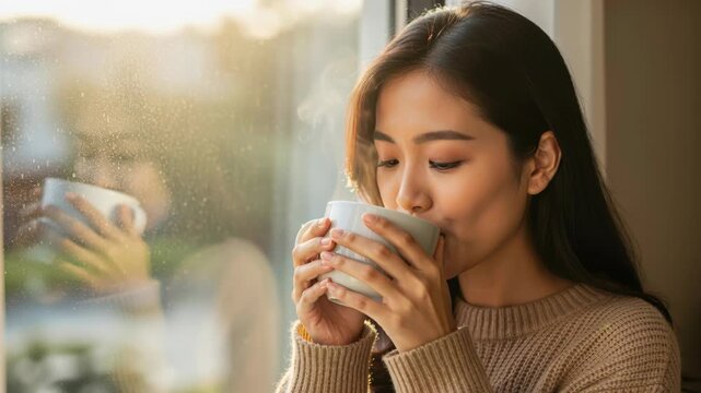 A Serene Sip: A young woman with her eyes closed enjoys a warm beverage by a sunlit window, reflecting on a moment of peaceful solitude.