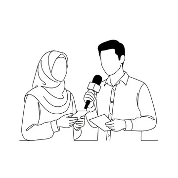 Line art illustration of male and female news reporters with microphone and scripts