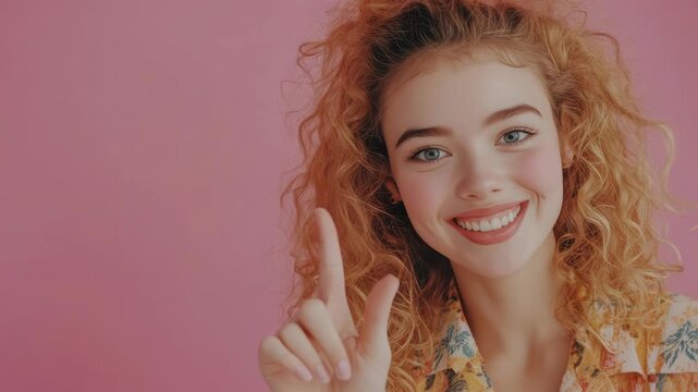 A cheerful young lady holding up the index finger against a pink background, indicating positivity and achievement.