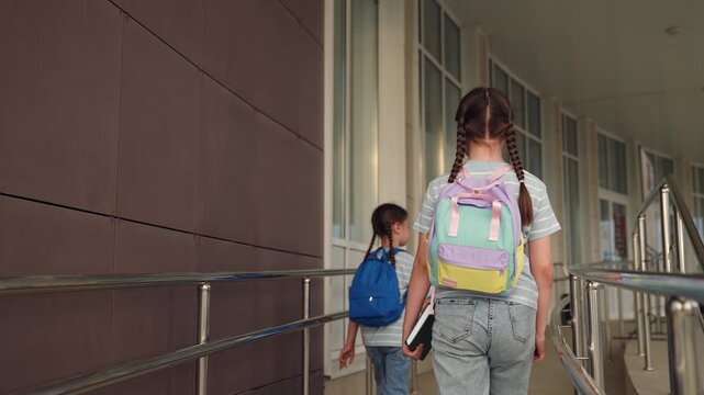 friendly team child kid girls with pigtails go to school, group child kid girls go with backpacks school building, girls girlfriends, happy child dream go to class, primary school students, child kid