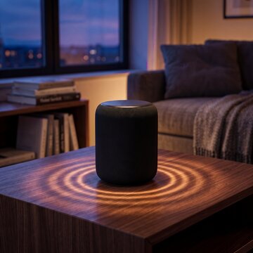 Smart speaker emitting glowing orange sound waves on a wooden coffee table in a dark modern living room, advanced voice assistant and smart home automation technology