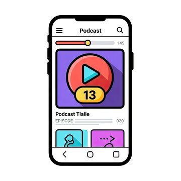 Mobile phone displaying a podcast application interface with play button illustration