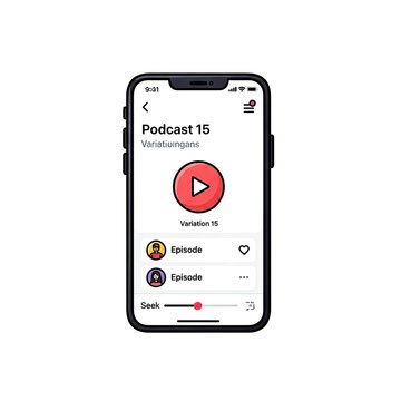 Smartphone screen displaying a podcast player application with a play button and episode list