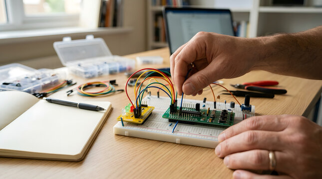 Close up of an engineer hands building an electronic circuit prototype with wires and components problem solving electronic parts technical skills science project engineering