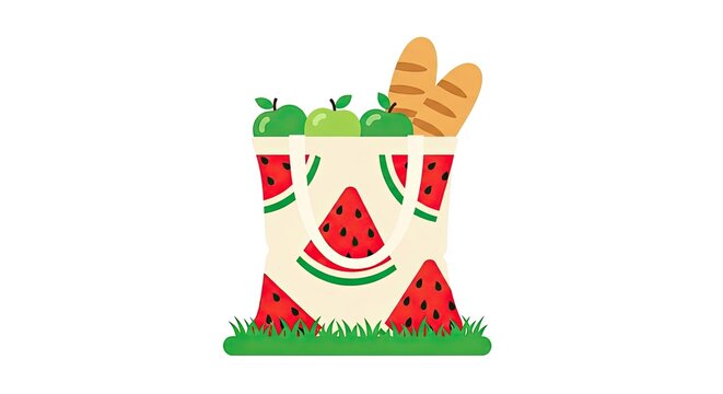 Reusable tote bag with watermelon pattern containing green apples and fresh baguettes