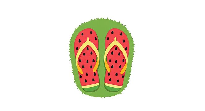 Watermelon pattern flip flops on green grass isolated on white background