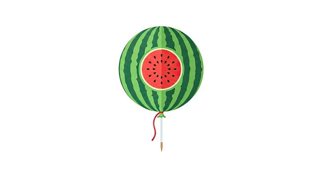 Watermelon balloon illustration with red slice pattern on stick isolated on white background