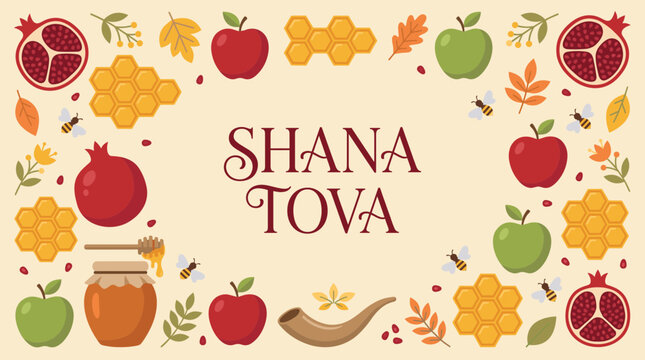 Rosh Hashanah Shana Tova greeting card with traditional symbols.
