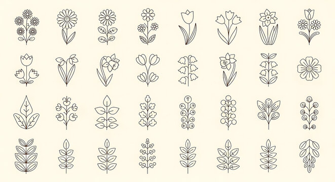 Elegant minimalist floral line art and flower icons featuring diverse botanical elements and a leaf set for modern branding and nature designs