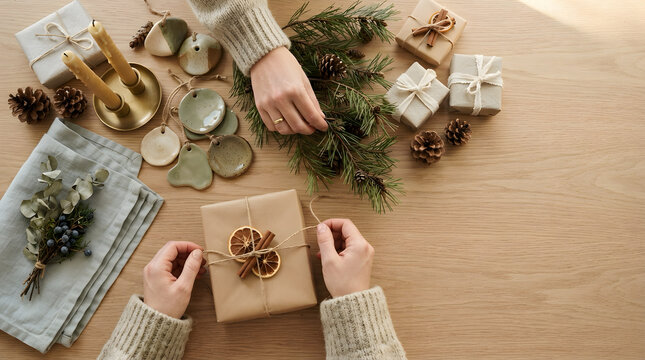 Person wrapping a christmas gift with brown paper and dried orange slices on a rustic wooden table with candles and fir branches christmas wrapping seasonal celebration crafting