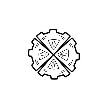 Hand drawn sketch of a mechanical gear wheel divided into four pizza slices