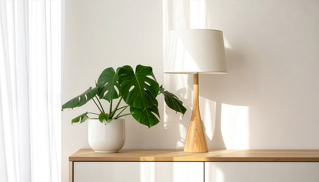 窓からの光を受けるモンステラの鉢植えと白い陶器ベースのテーブルランプ