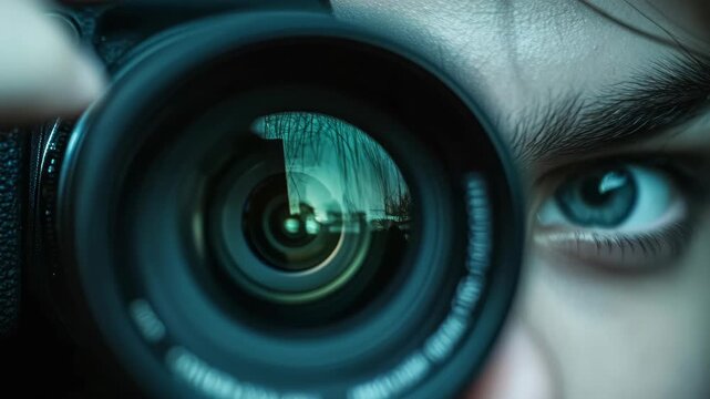 The captures an intense moment as the focuses on their subject through the camera's viewfinder. The reflection in the lens adds depth and intrigue to this unique perspective.
