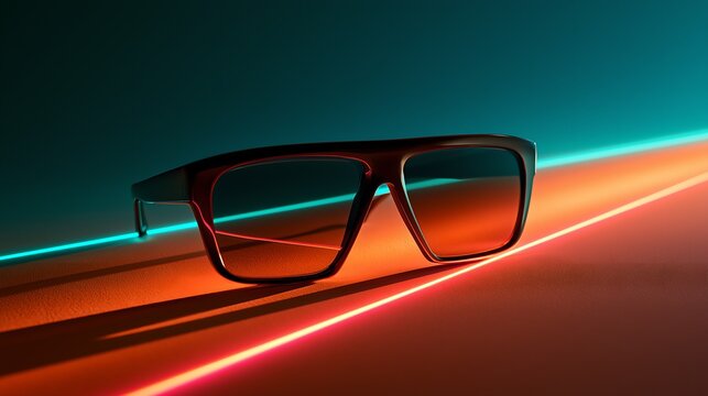 Modern black sunglasses resting on surface with diagonal neon pink and cyan light streaks on dark teal background, retro fashion themed horizontal banner,Reggaeton party concert festival event