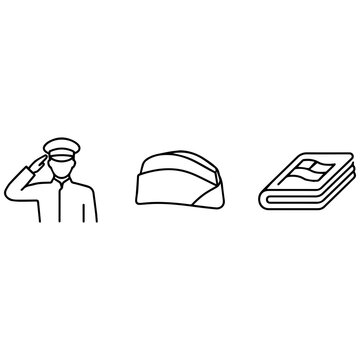 Set of military icons including a soldier saluting, a garrison cap, and a book veterans day usa