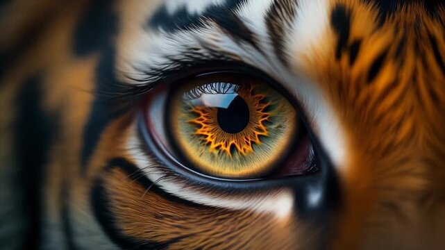 Extreme macro footage of a single tiger eye with a naturally narrow vertical pupil and rich amber iris for international tiger day