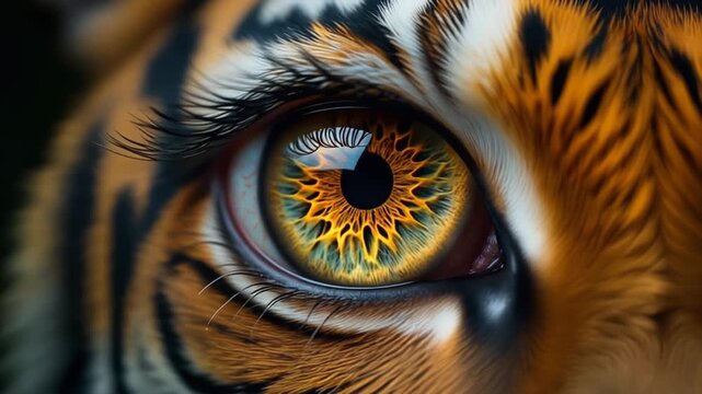 Extreme macro footage focusing entirely on the intricate texture of a tiger's golden amber iris for international tiger day