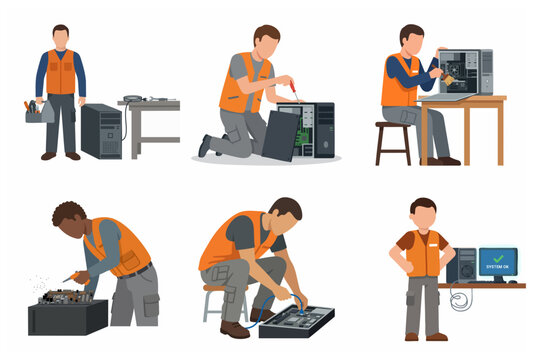 Set of computer repair technicians fixing and assembling hardware components on desktop PCs, IT support and maintenance service flat vector illustration
