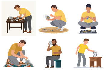 Fototapeta premium Set of Flat Vector Illustrations Showing Men Repairing, Cleaning, and Interacting with Mechanical Alarm Clocks