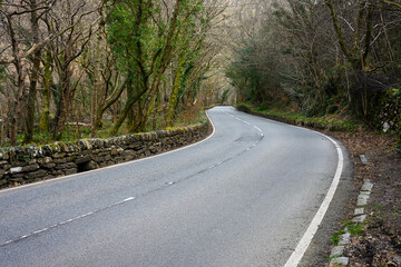 Obraz premium Rural Welsh country road winds through bare late winter landscape with traditional stone wall