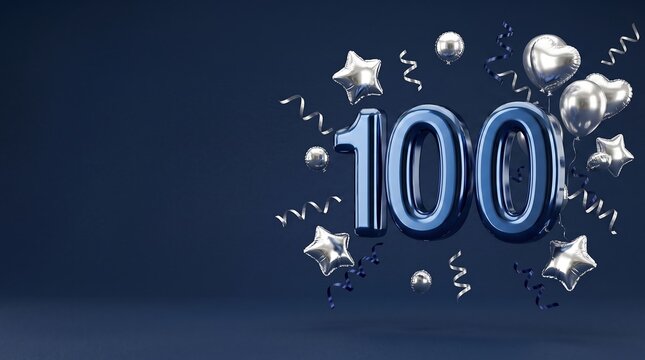3D Rendering of the Number 100 with Stars and Confetti, Celebrating a Milestone or Anniversary
