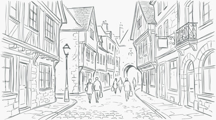 Naklejka premium Sketch of a European Old Town Street with People