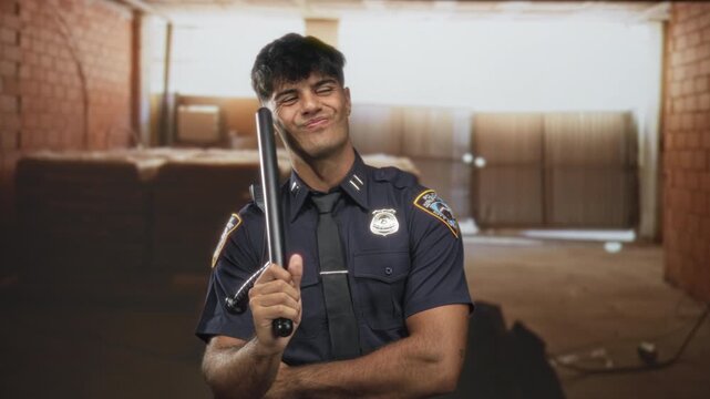 Man police officer holding baton with right hand and crossed left arm in a building storage room; pride duty.
