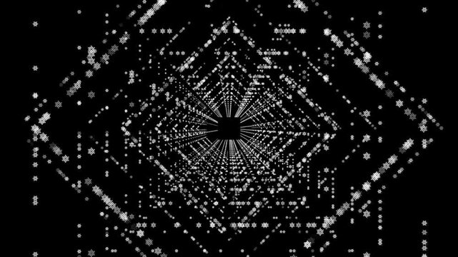 4K Abstract Christmas snowflake icon tunnel camera zooming animation.