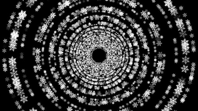 4K Abstract Christmas snowflake icon tunnel camera zooming animation.