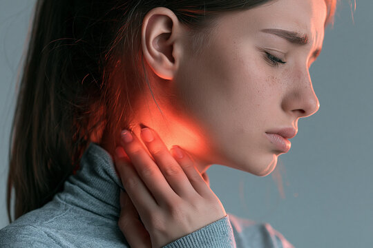 Young Woman Touching Sore Throat with Glowing Red Spot Indicating Neck Pain or Thyroid Inflammation