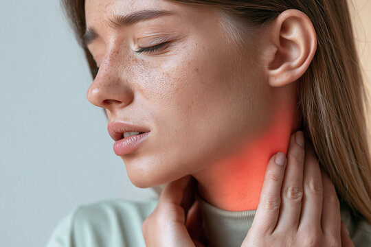 Young Woman Touching Sore Throat with Glowing Red Spot Indicating Neck Pain or Thyroid Inflammation