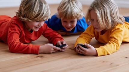 Naklejka premium Three blond children lying on wood floor with smartphones