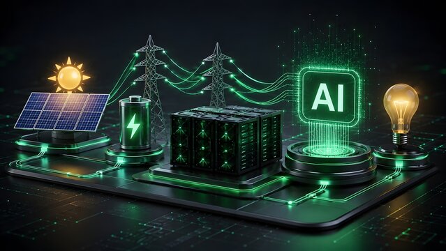 Artificial intelligence hologram connecting solar power battery storage and lightbulb on a glowing smart grid circuit board