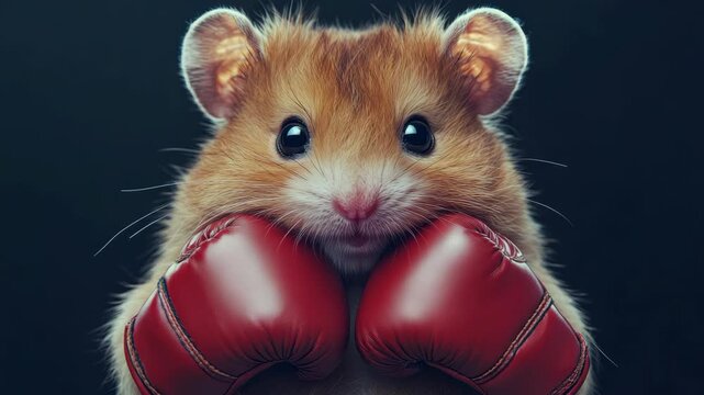 A determined hamster wearing boxing gloves and ready for a fierce match.