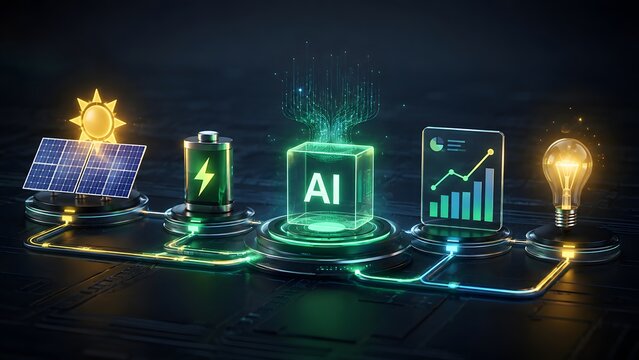 Glowing artificial intelligence cube analyzing renewable energy data with solar panels battery storage and financial growth charts