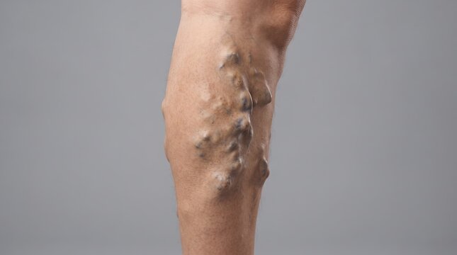 Close up of human leg suffering from severe varicose veins and spider veins vascular disease
