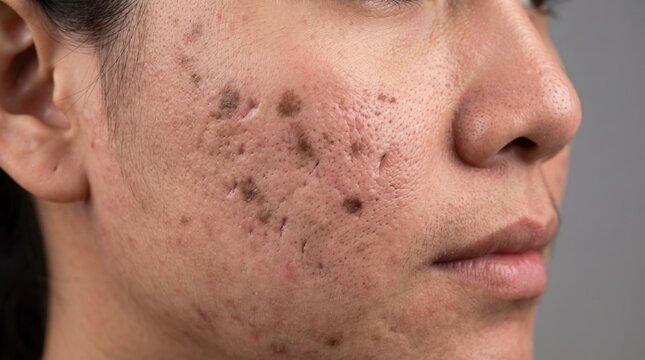 Close up of human face cheek with deep acne scars and post inflammatory hyperpigmentation