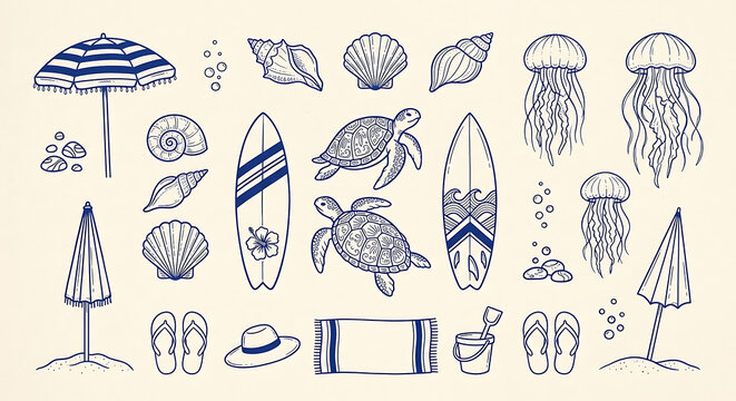 Collection of handdrawn beach and ocean icons including summer shell and marine life elements like turtles and surfboards on a white background