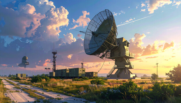 Satellite communication station at sunset