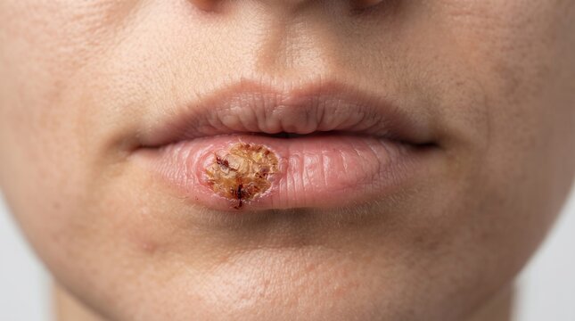 Close Up of Herpes Labialis Cold Sore Viral Infection on Woman Lower Lip