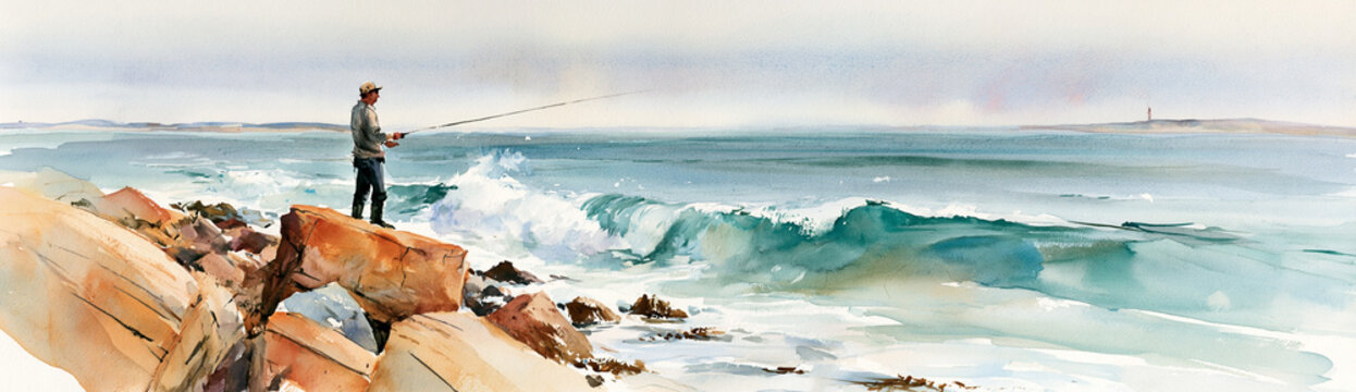 A lone fisherman stands on rocky shore casting his line into the waves of a calm sea under a misty sky.