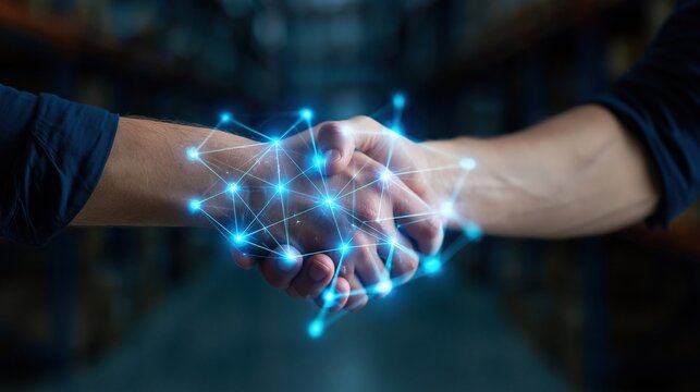 Two people shaking hands with a glowing blue digital network overlay symbolizing connection and partnership.