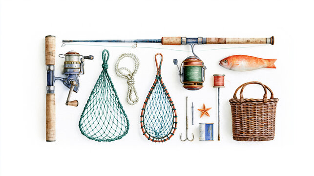 A collection of fishing gear including rods, reels, nets, hooks, line, a fish, a starfish, and a wicker basket arranged neatly on a white background.