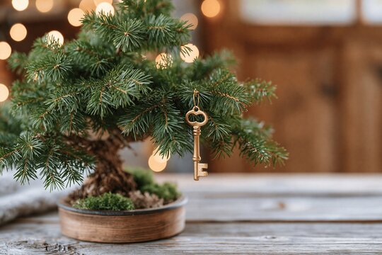 Golden key ornament hanging on small bonsai pine tree with festive lights on wooden table