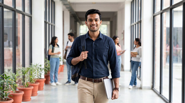 Confident young male university student carrying a backpack and laptop while walking through a bright modern college campus hallway with classmates in the background.