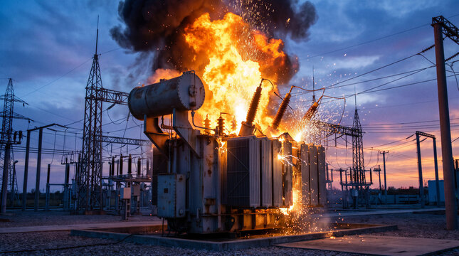 Large electrical transformer exploding in flames and sparks at a high voltage power substation.