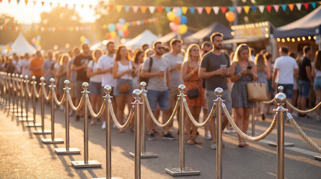 Crowd of visitors waiting in organized queue lanes at a busy outdoor festival with food stalls, colorful decorations and warm sunset light.