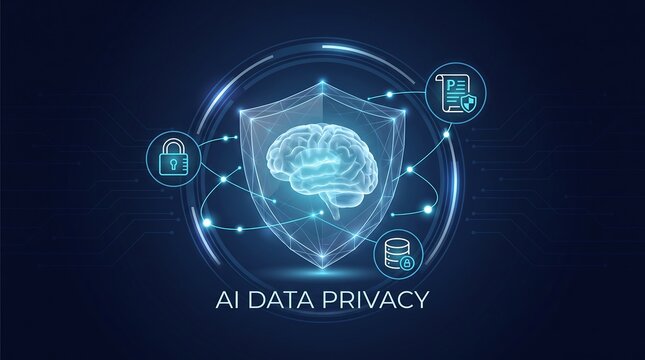 Digital shield protecting human brain concept representing essential ai governance and secure data privacy standards