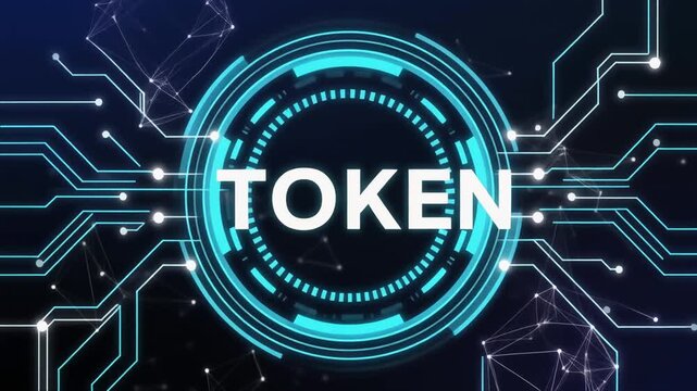 暗い企業空間で白いAI Token文字を青い円形表示と電子回路が精密に取り囲む